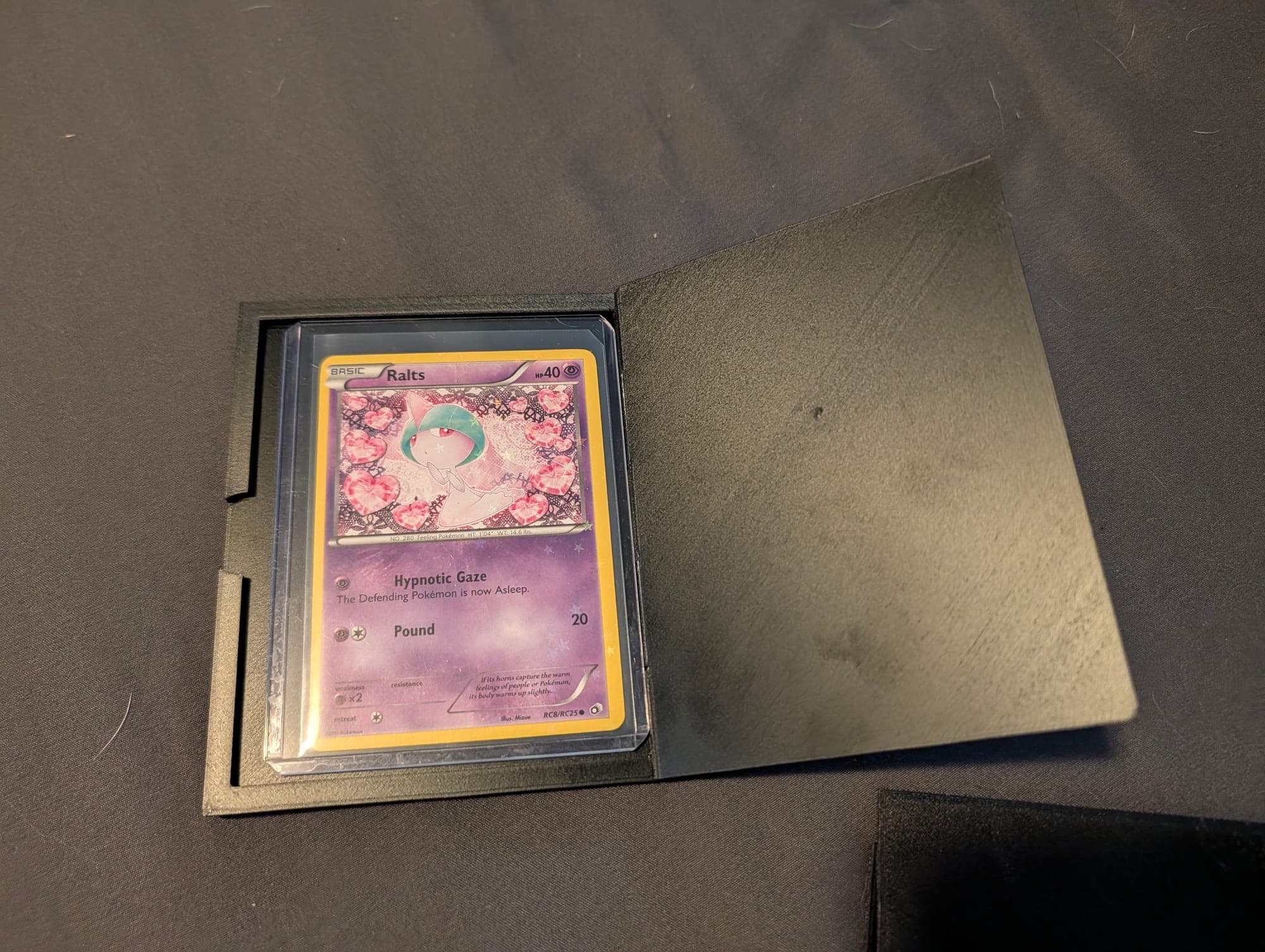 3D printed display case holding a trading card